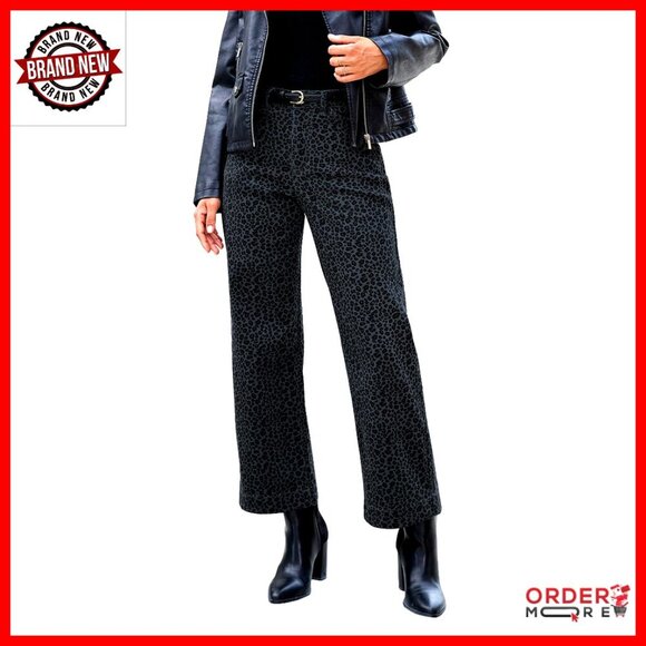 Denim - High Waisted Wide Leg Jeans Stretchy Denim Ankle Length with Pockets